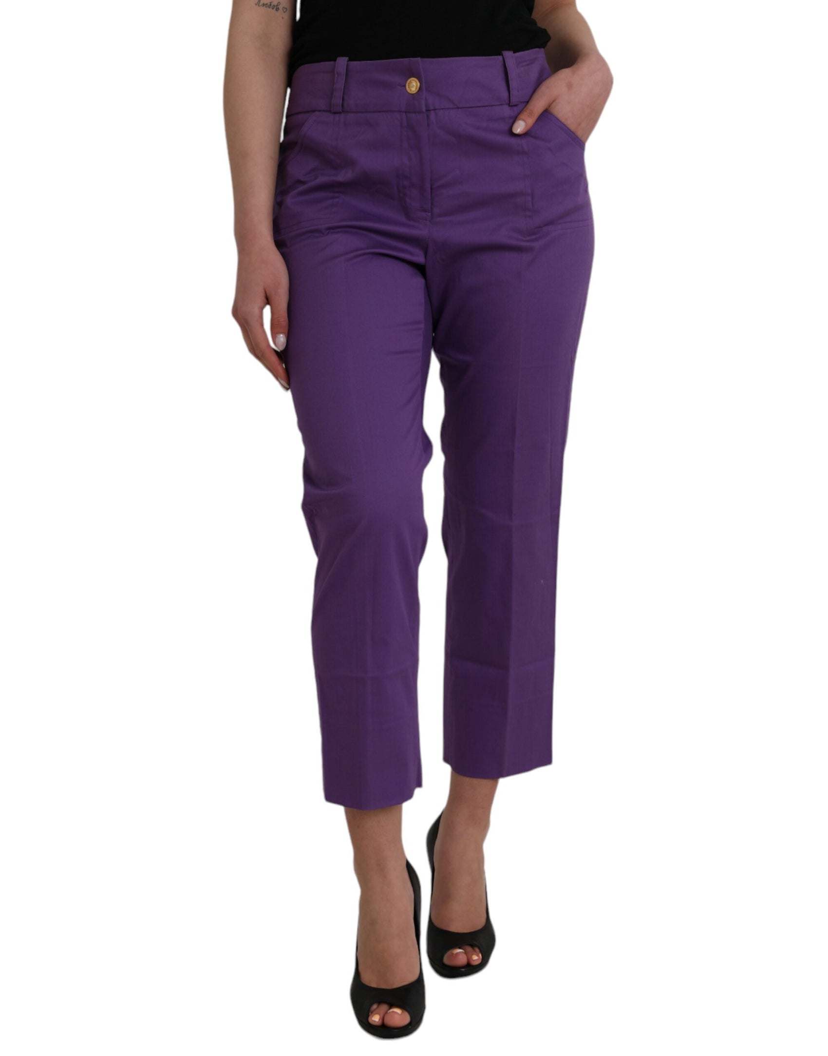 Pantaloni dritti a vita media in cotone viola