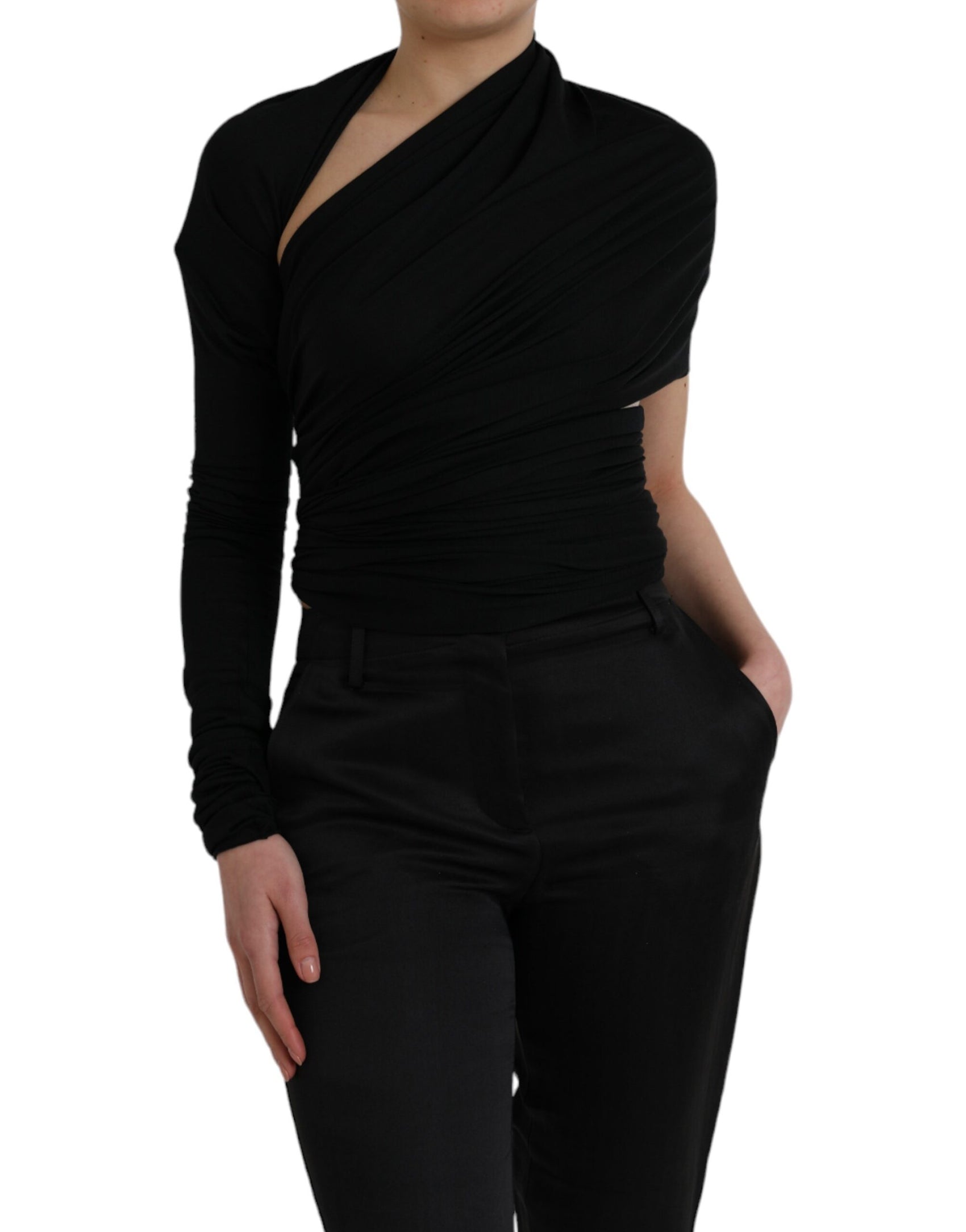 Schwarzes, asymmetrisches Langarm-Top aus Wolle mit Cut-outs