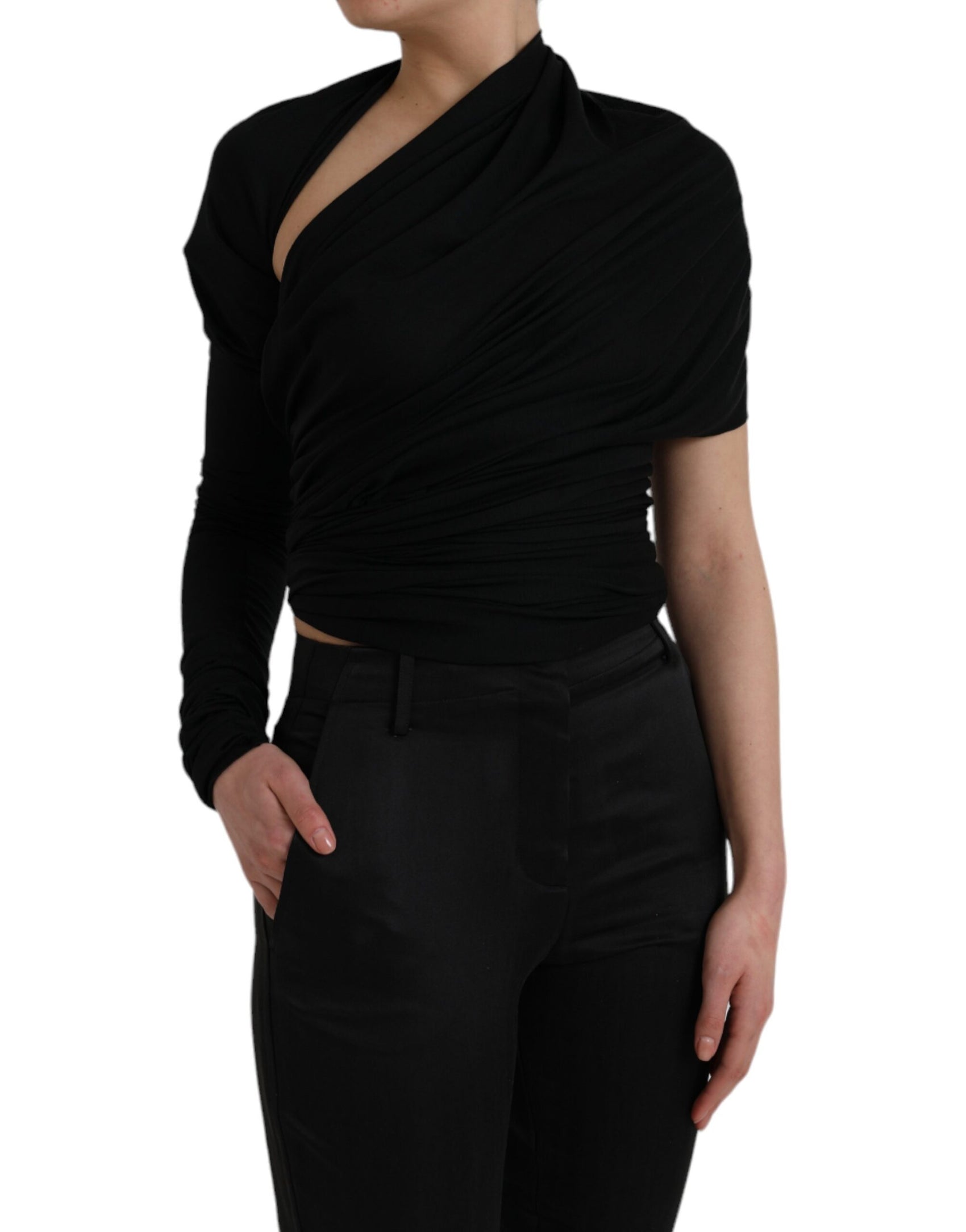 Schwarzes, asymmetrisches Langarm-Top aus Wolle mit Cut-outs