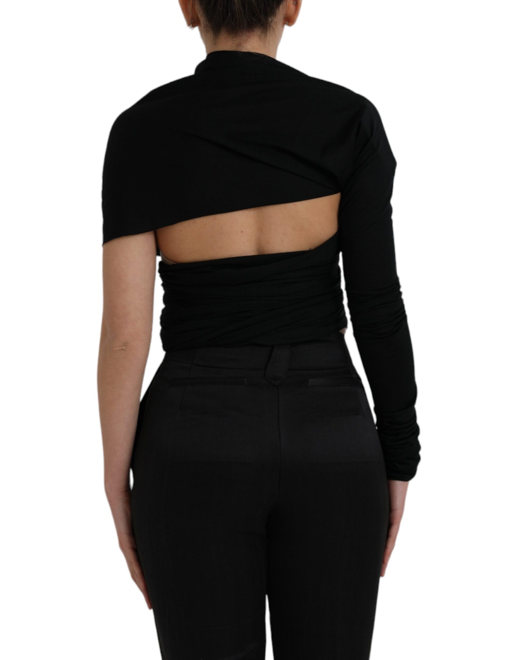 Schwarzes, asymmetrisches Langarm-Top aus Wolle mit Cut-outs