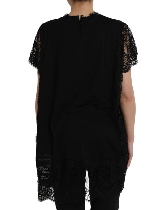 Schwarzes T-Shirt aus Baumwollspitze mit Herz-Jesu-Print