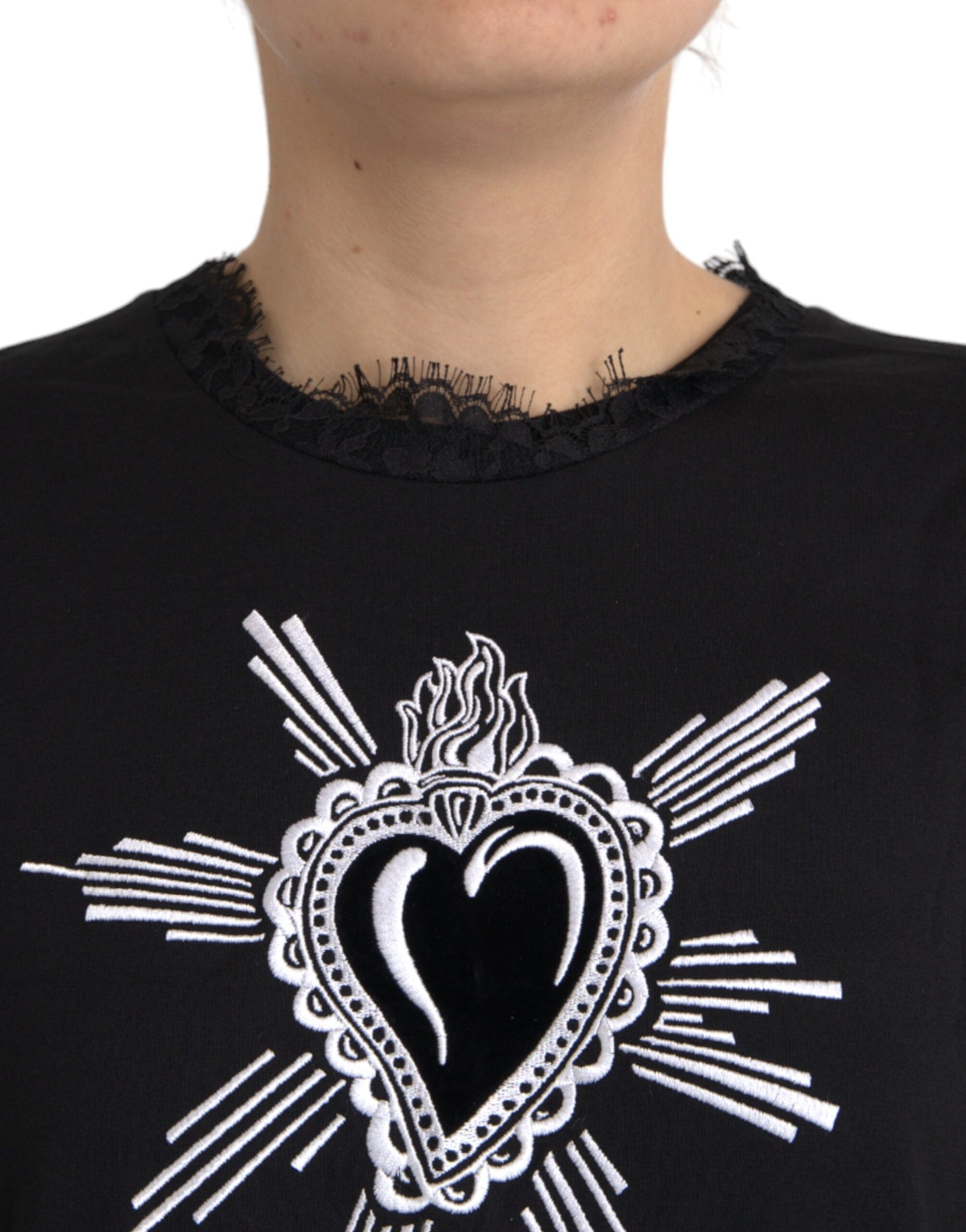 T-shirt in pizzo di cotone con stampa cuore sacro nero