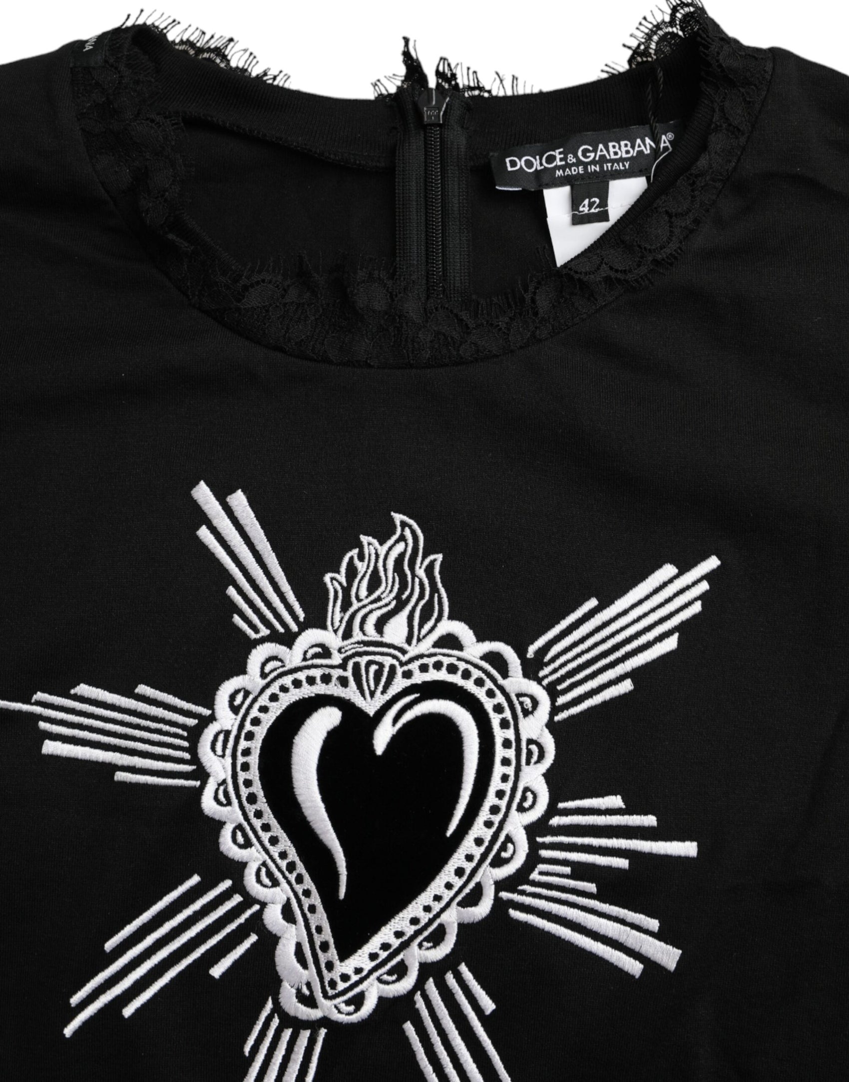 T-shirt in pizzo di cotone con stampa cuore sacro nero