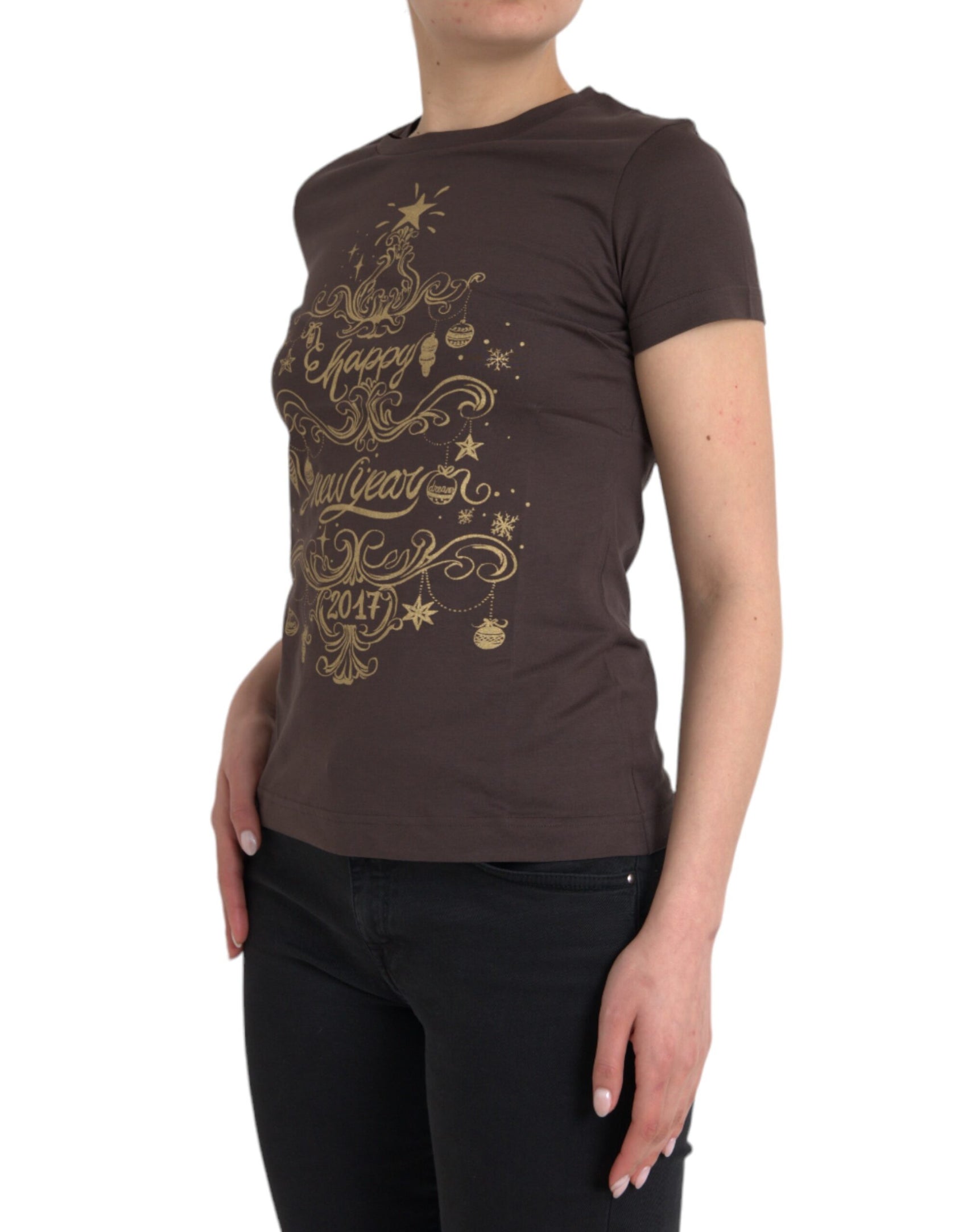 T-shirt con stampa a motivo 2017 girocollo marrone