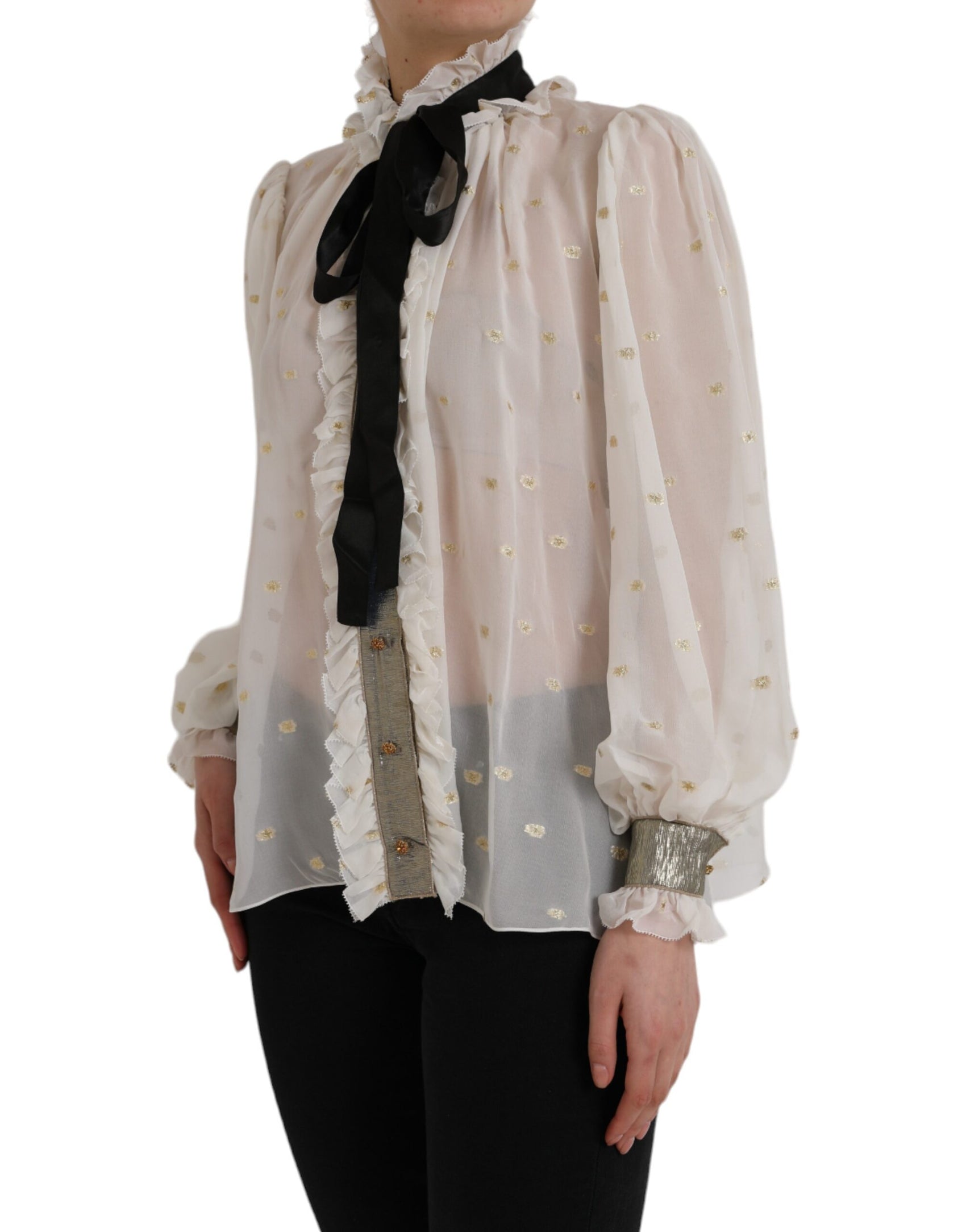 Top camicetta con colletto ascot in misto seta bianco sporco