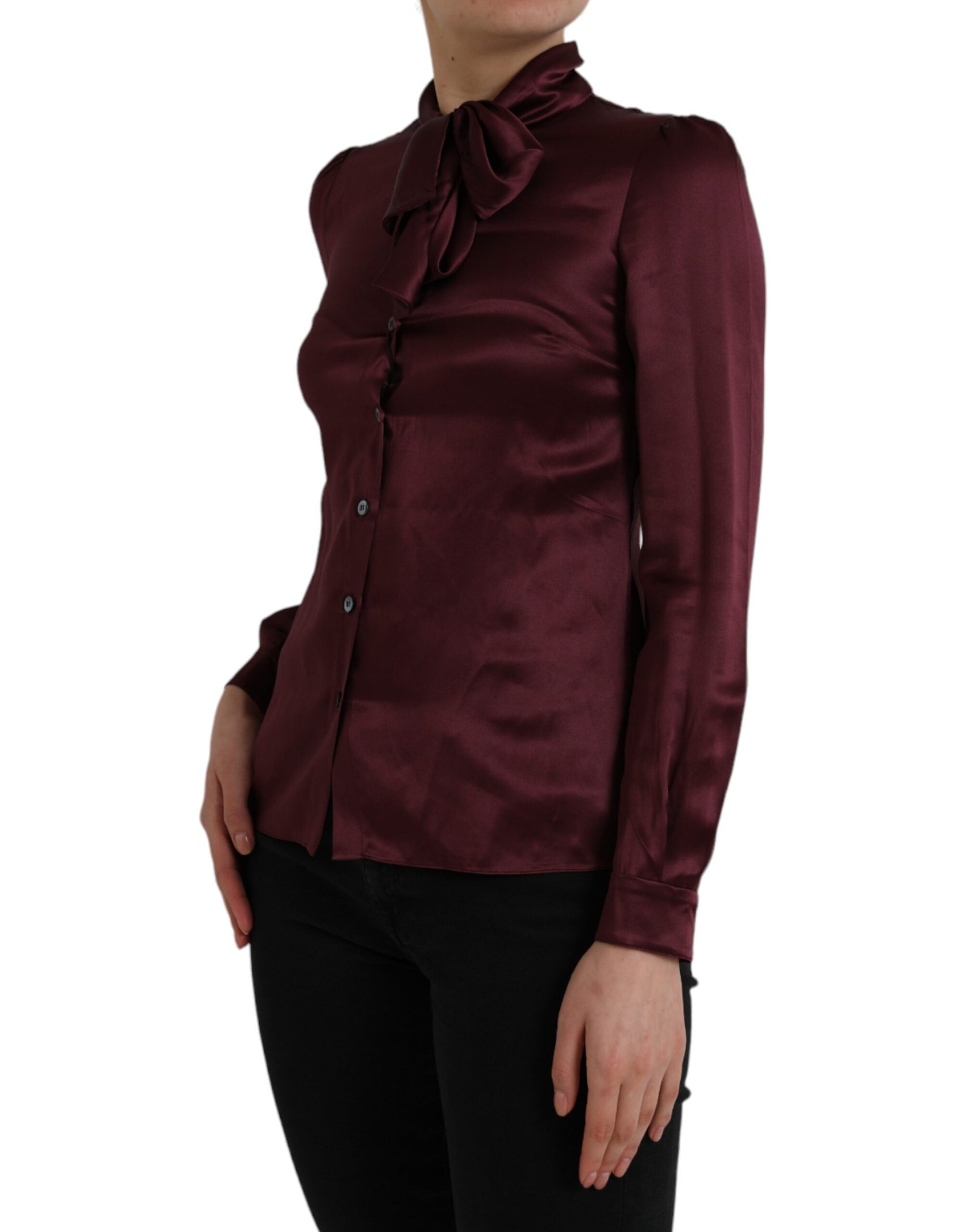 Blusa a maniche lunghe con colletto ascot color marrone