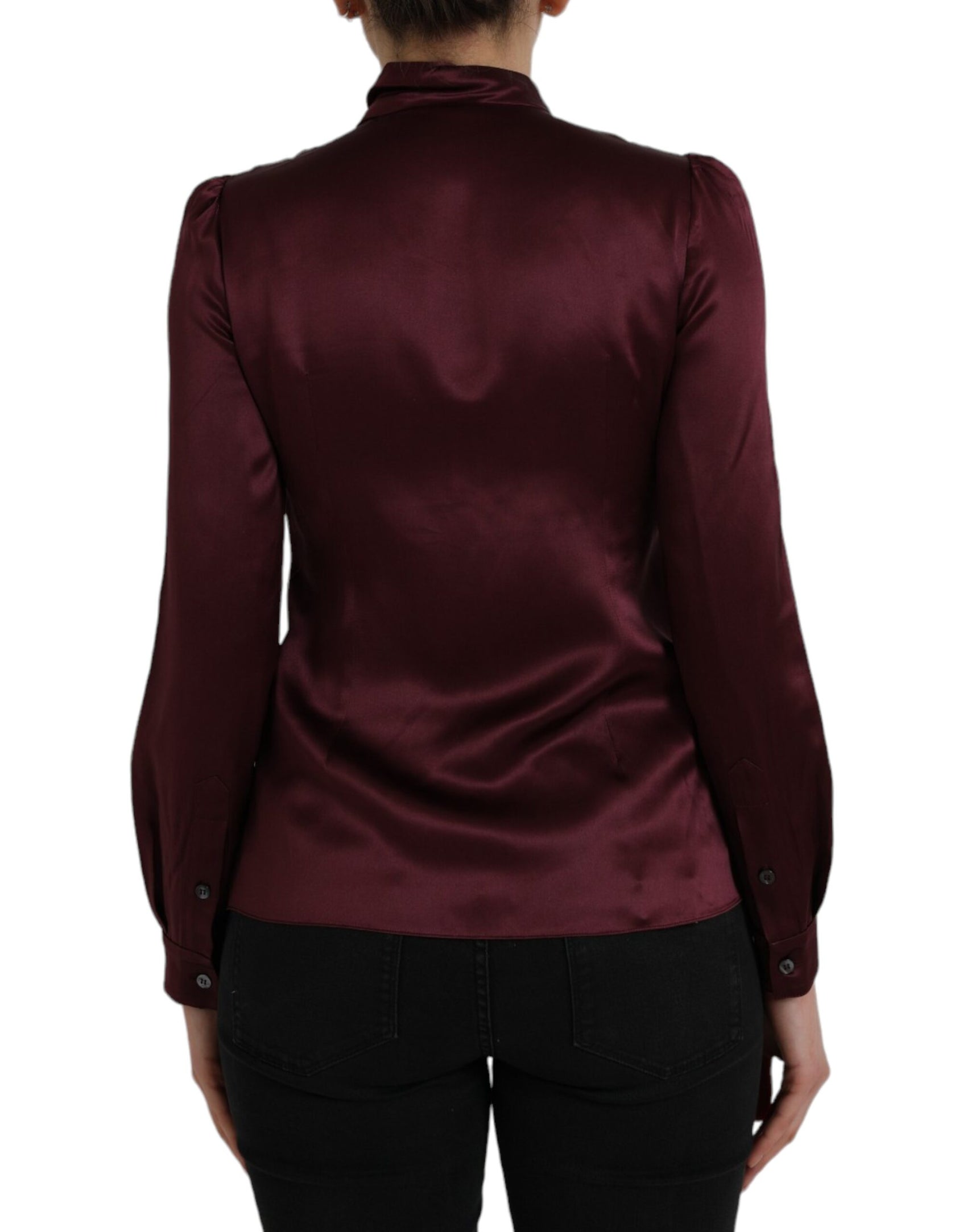 Blusa a maniche lunghe con colletto ascot color marrone
