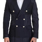 Blazer doppiopetto patchwork in lana blu