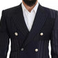 Blazer doppiopetto patchwork in lana blu