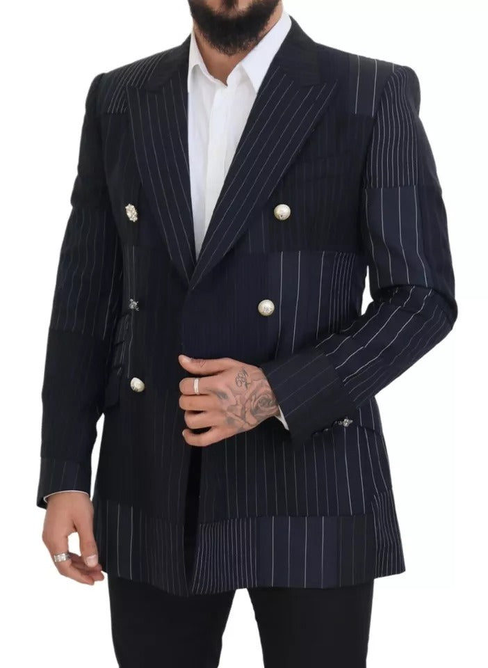 Blazer doppiopetto patchwork in lana blu