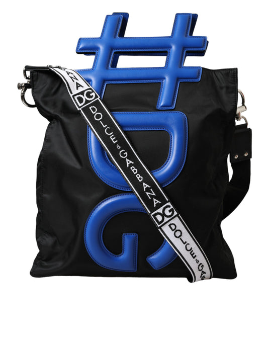 Borsa tote per la spesa in nylon nero e pelle blu con hashtag