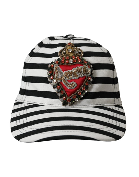 Black White Stripe Amore Heart Applique Baseball Hat