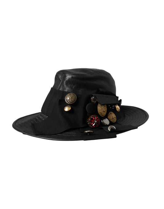 Black Leather DG Coin Crystal Wide Brim Hat