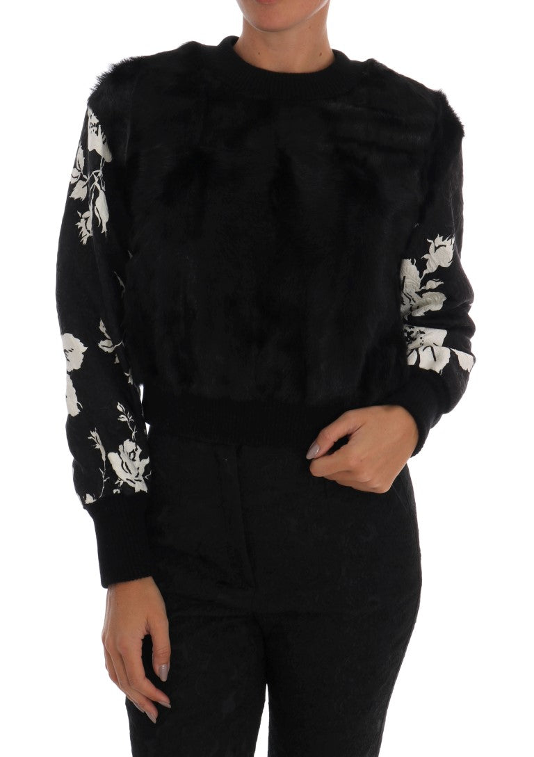 Schwarzer Pullover aus geblümtem Brokat