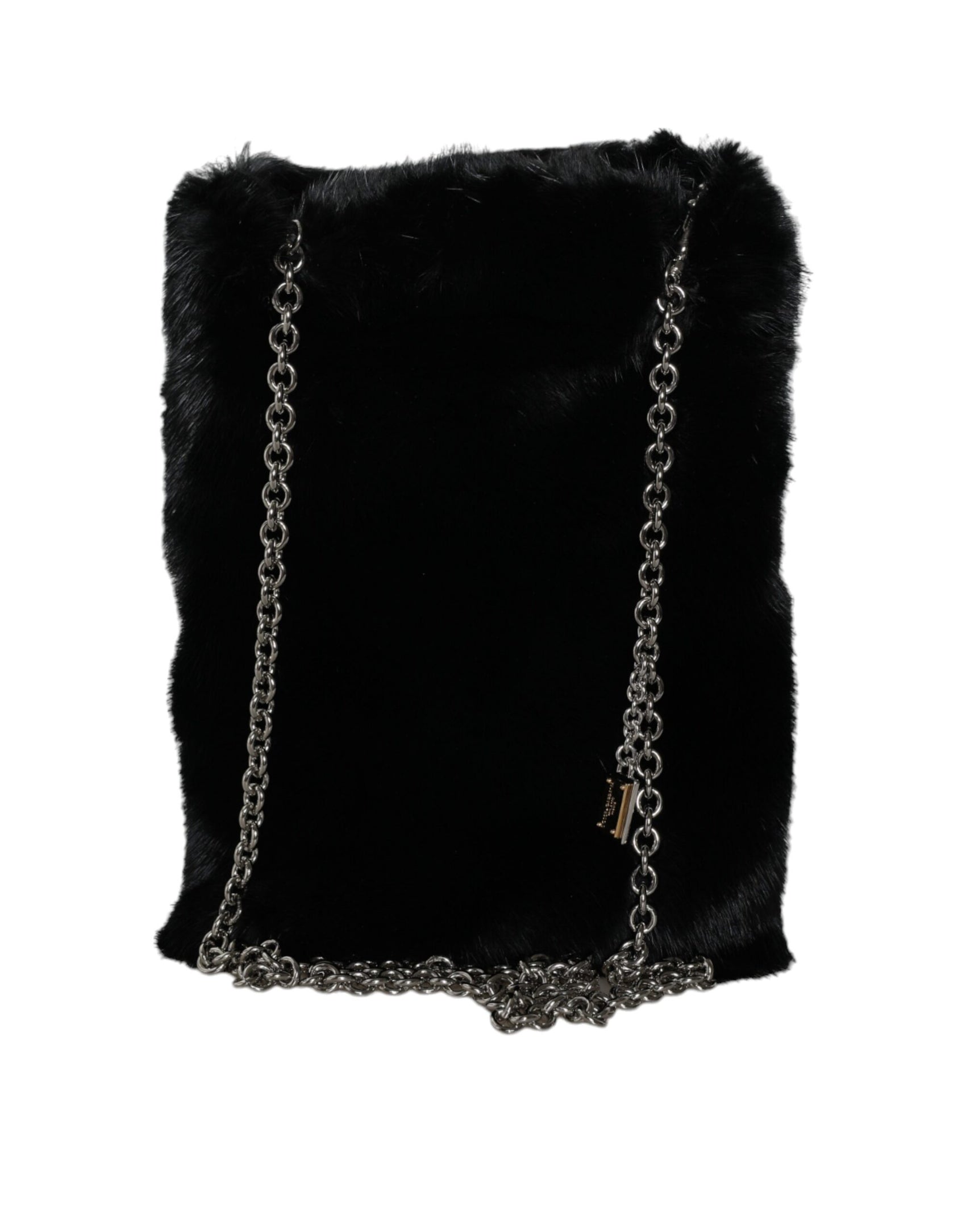 Schwarze Umhängetasche aus Kunstpelz mit silberner Kette