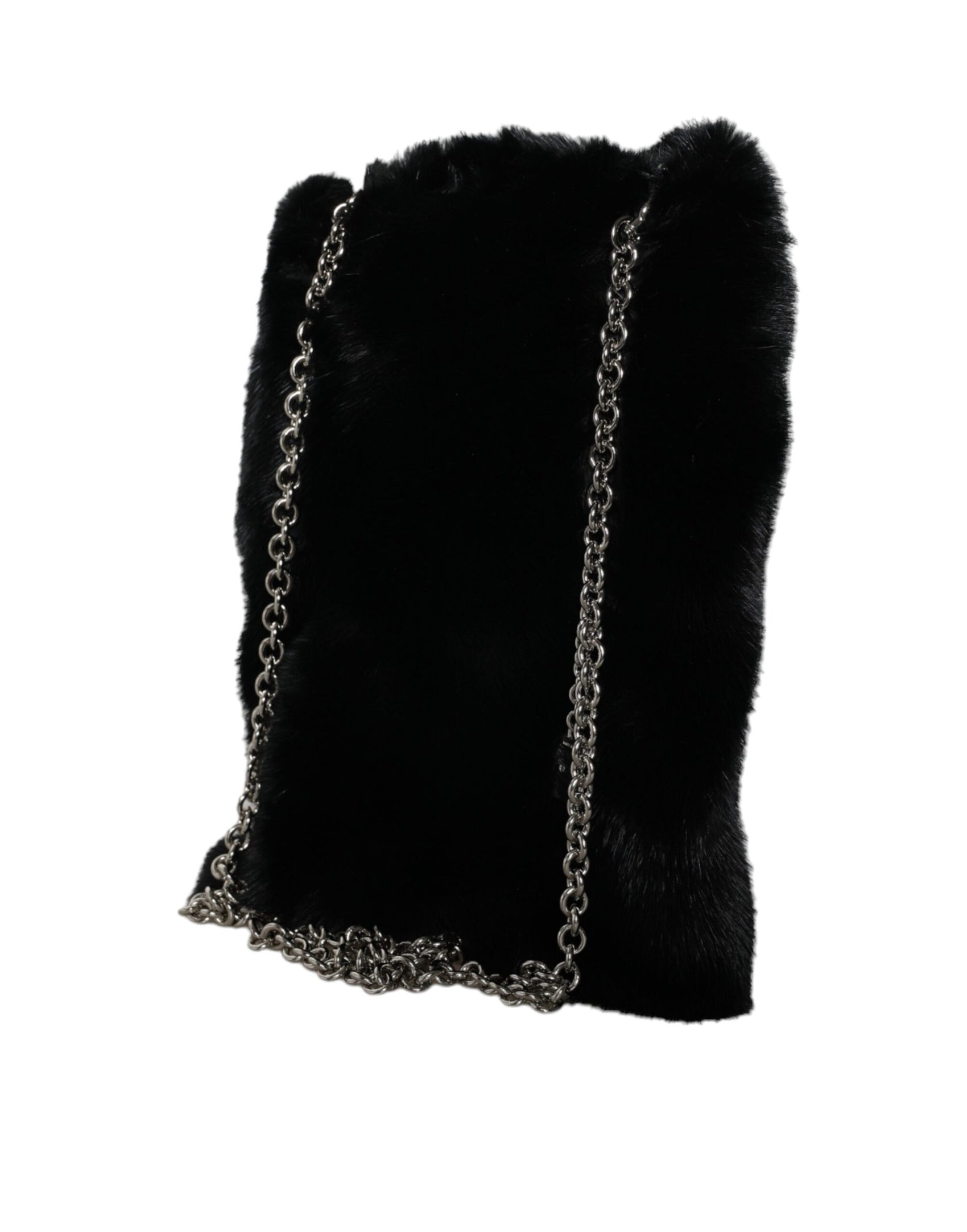 Schwarze Umhängetasche aus Kunstpelz mit silberner Kette