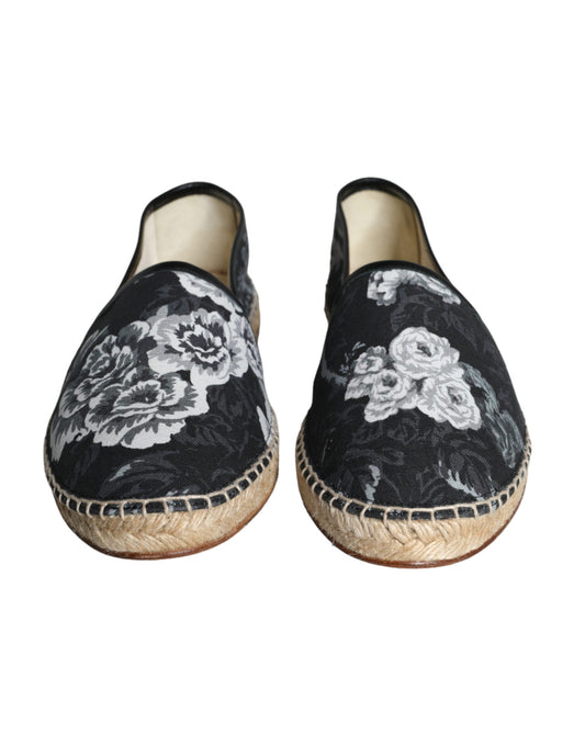 Schwarze Espadrilles aus Baumwollleder mit Blumenmuster