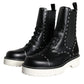 Black Leather Combat Mid Calf Boots Shoes