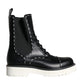 Black Leather Combat Mid Calf Boots Shoes