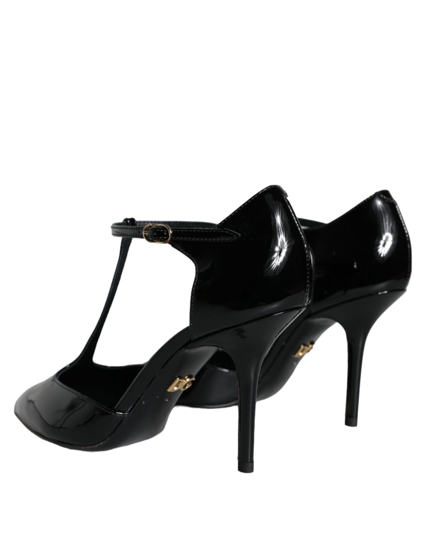 Black Leather T-strap Stiletto High Heels Shoes