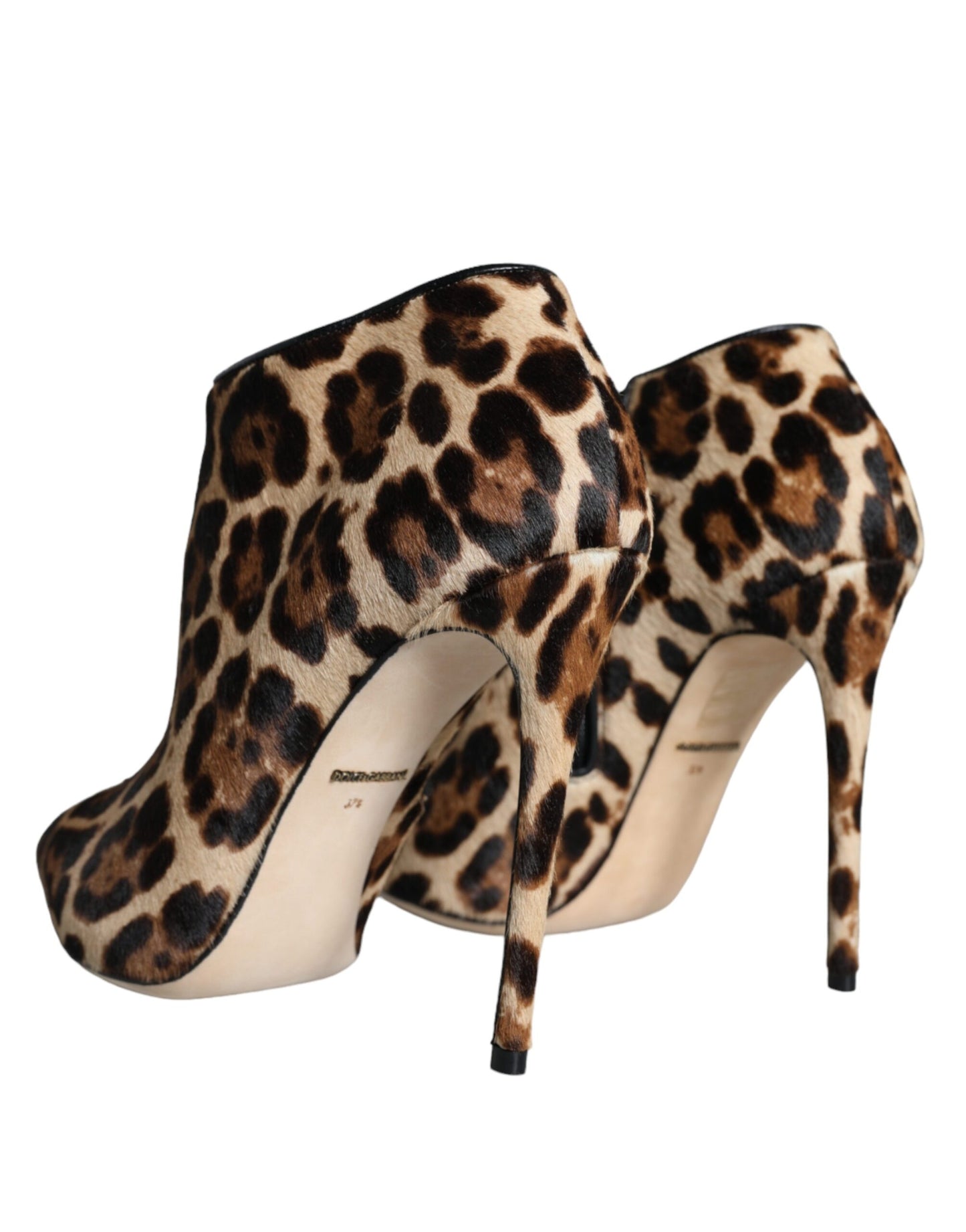 Brown Leopard Calf Fur Heels Ankle Boots Shoes