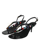 Black Leather Crystal Slingback Sandals Shoes