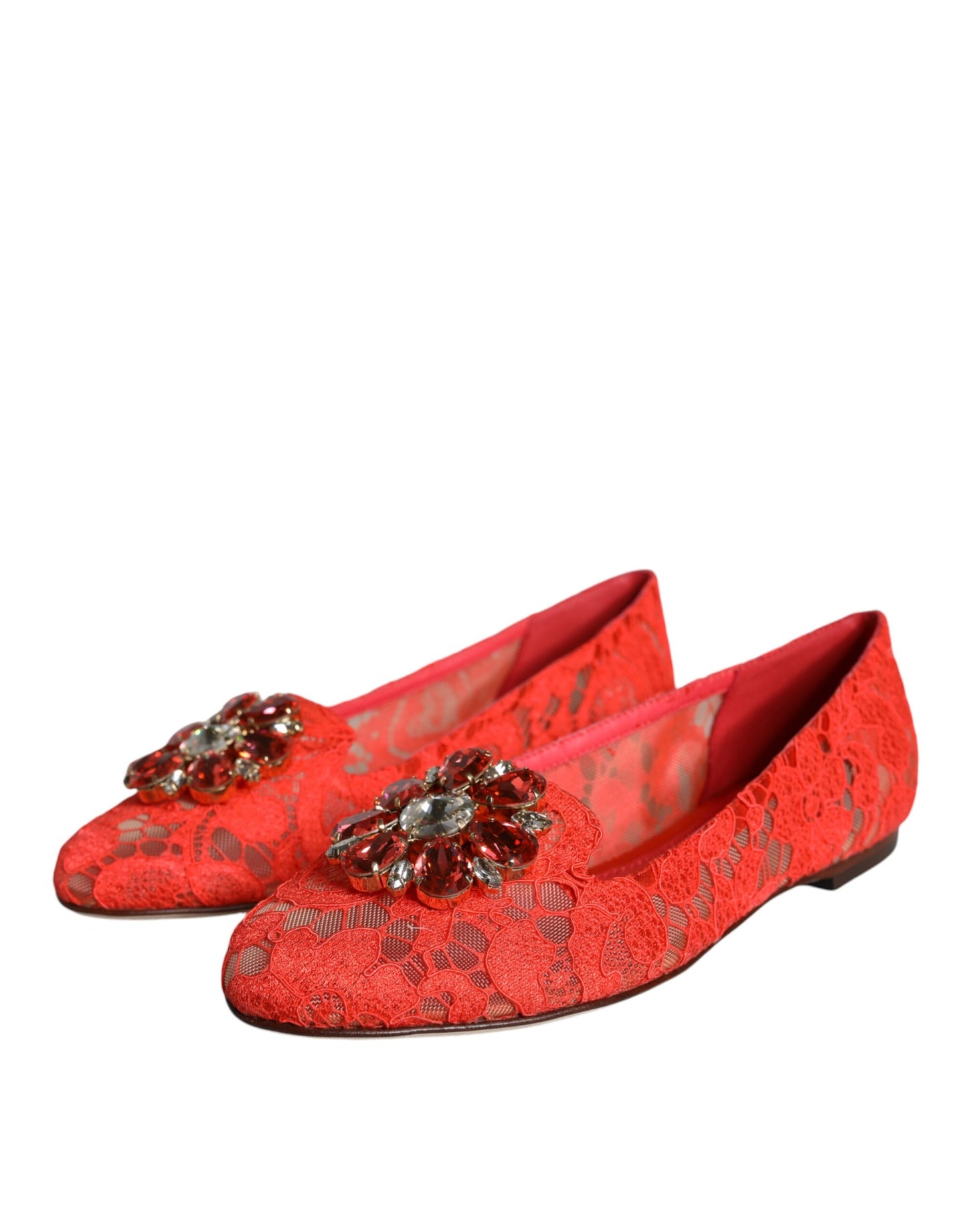 Coral Lace Crystal Ballet Flats Loafers Shoes