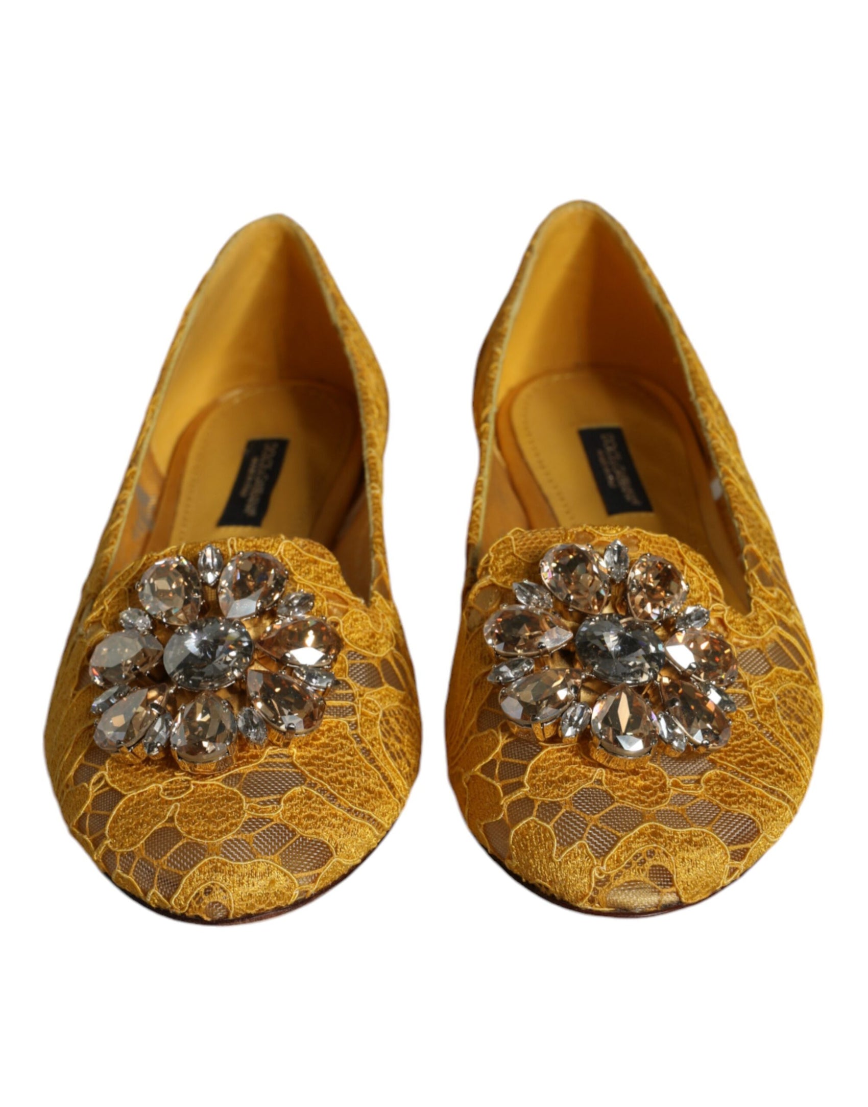 Senfgelbe Ballerinas mit Spitze und Kristallen