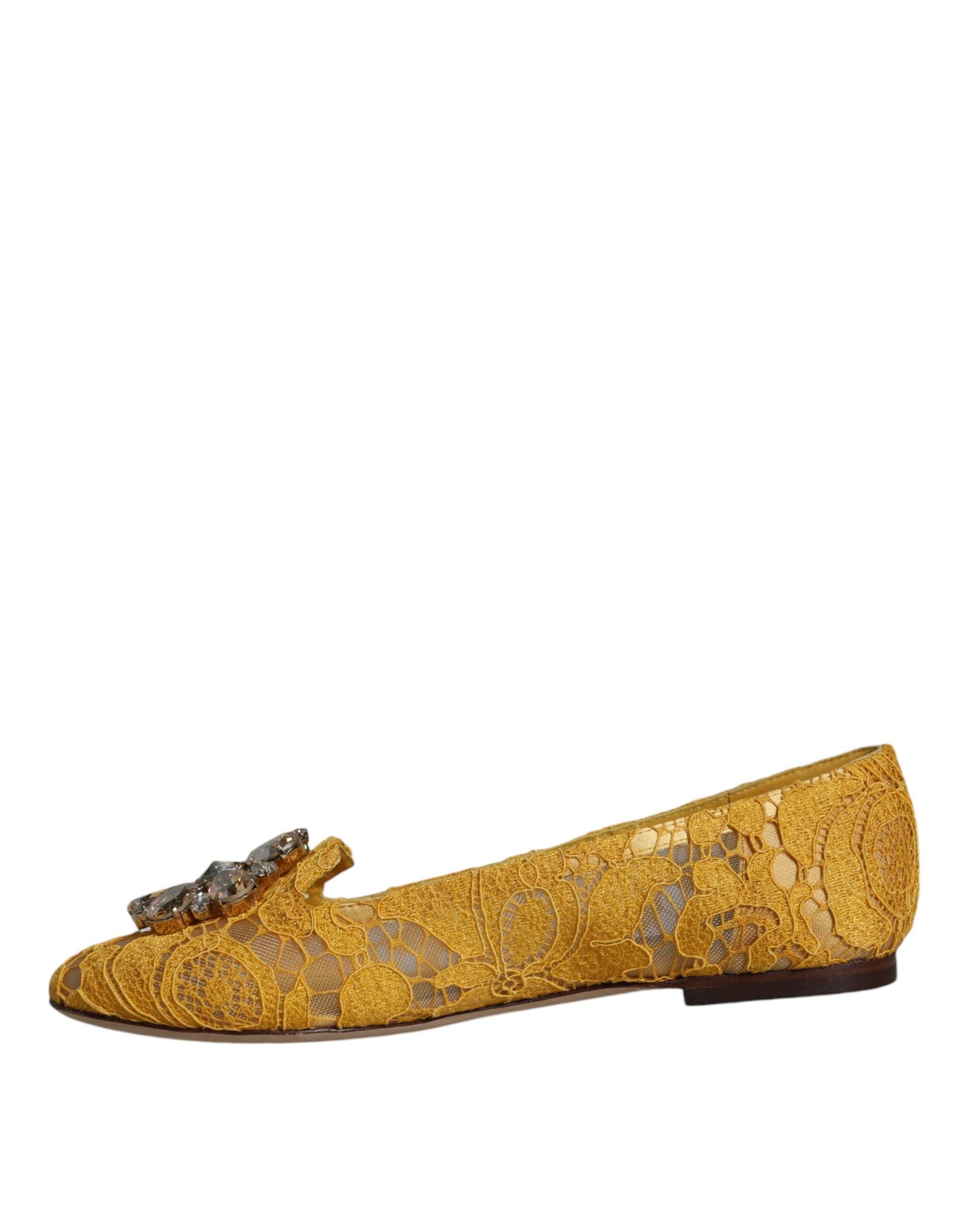 Senfgelbe Ballerinas mit Spitze und Kristallen