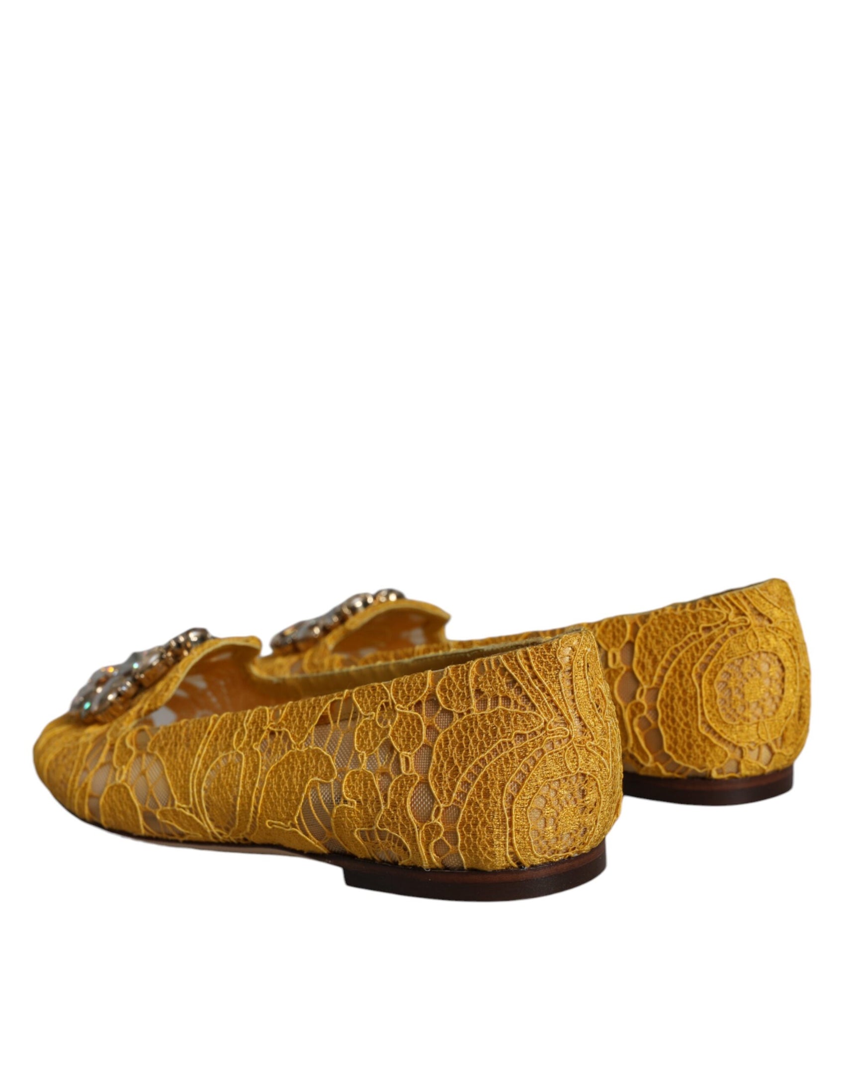 Senfgelbe Ballerinas mit Spitze und Kristallen