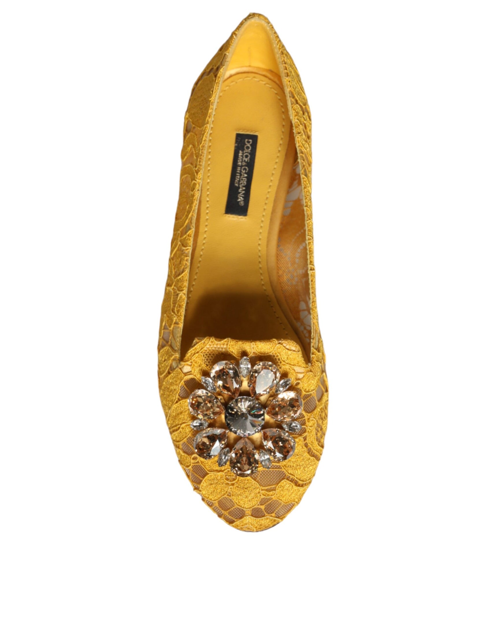 Senfgelbe Ballerinas mit Spitze und Kristallen