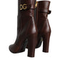 Brown Leather Heels Mid Calf Boots Shoes