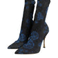 Black Floral Stretch Mid Calf Boots Shoes