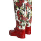 Red Floral Rubber Knee High Flat Boots Shoes