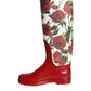 Red Floral Rubber Knee High Flat Boots Shoes