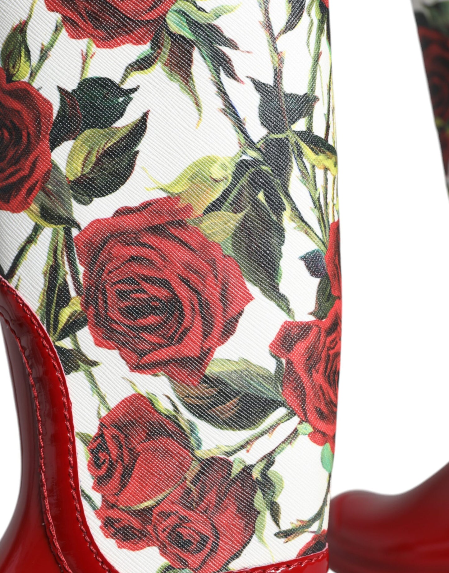 Red Floral Rubber Knee High Flat Boots Shoes