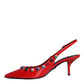 Red Leather Crystal Heels Slingback Shoes