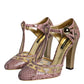 Pink Gold Leather Pumps T-strap Sandals Shoes