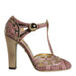 Pink Gold Leather Pumps T-strap Sandals Shoes