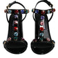 Black Crystal Leather T-strap Sandals Shoes