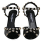 Black Leather Crystal Ankle Strap Sandals Shoes