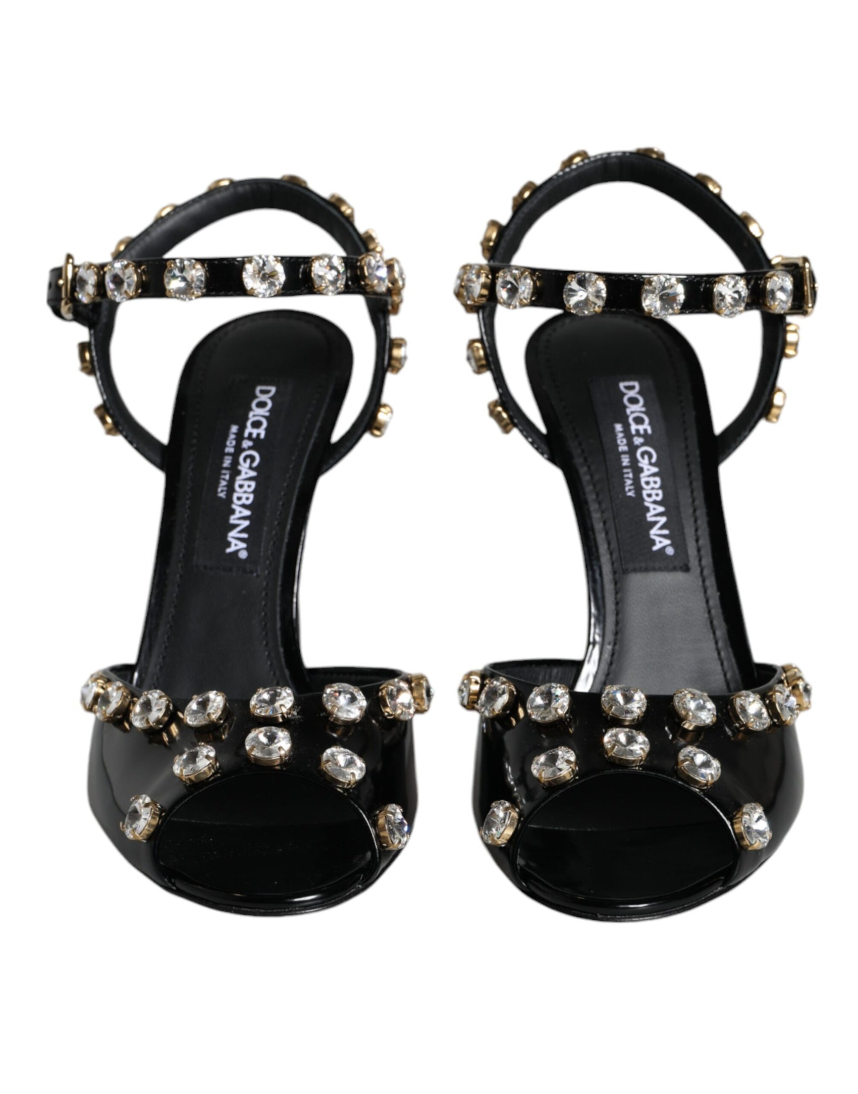 Schwarze Sandalen aus Leder mit Knöchelriemen und Kristallen