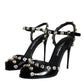 Black Leather Crystal Ankle Strap Sandals Shoes