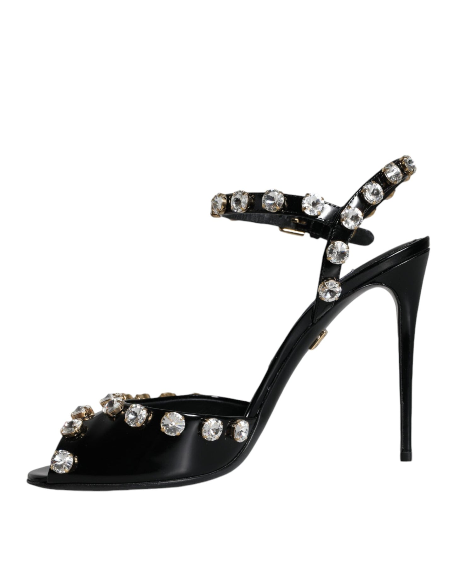 Black Leather Crystal Ankle Strap Sandals Shoes