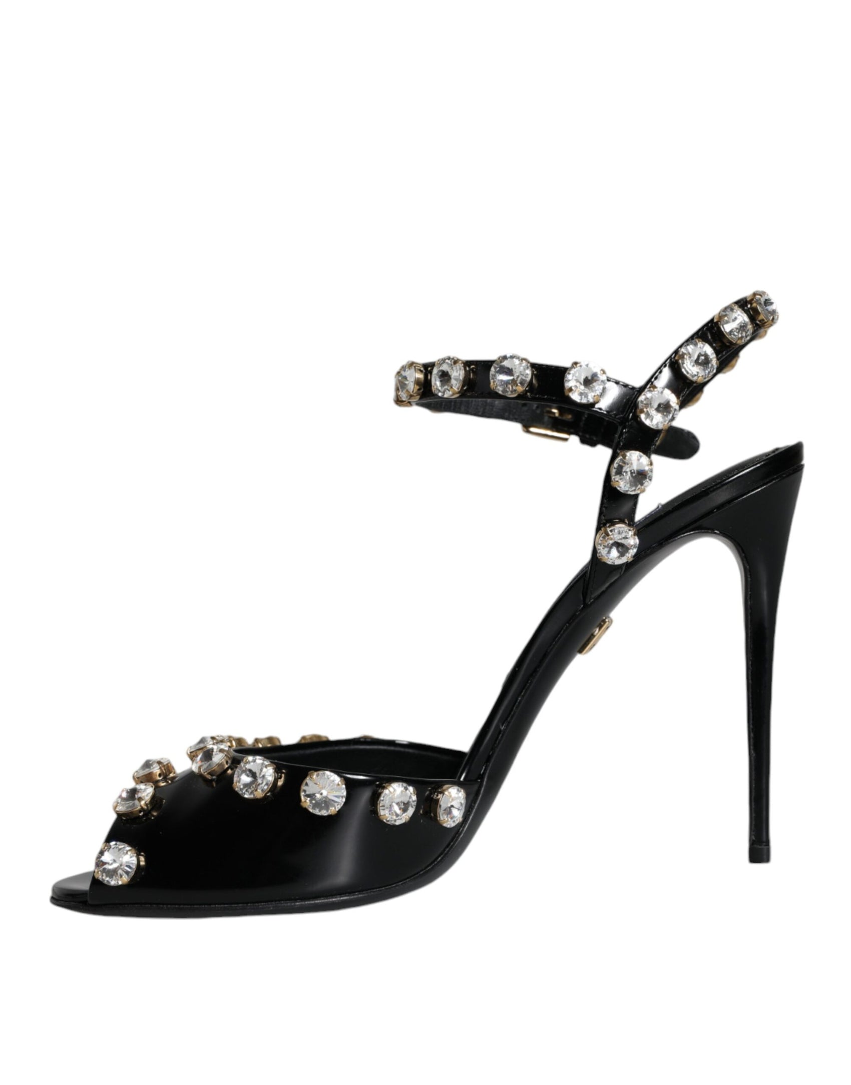 Schwarze Sandalen aus Leder mit Knöchelriemen und Kristallen