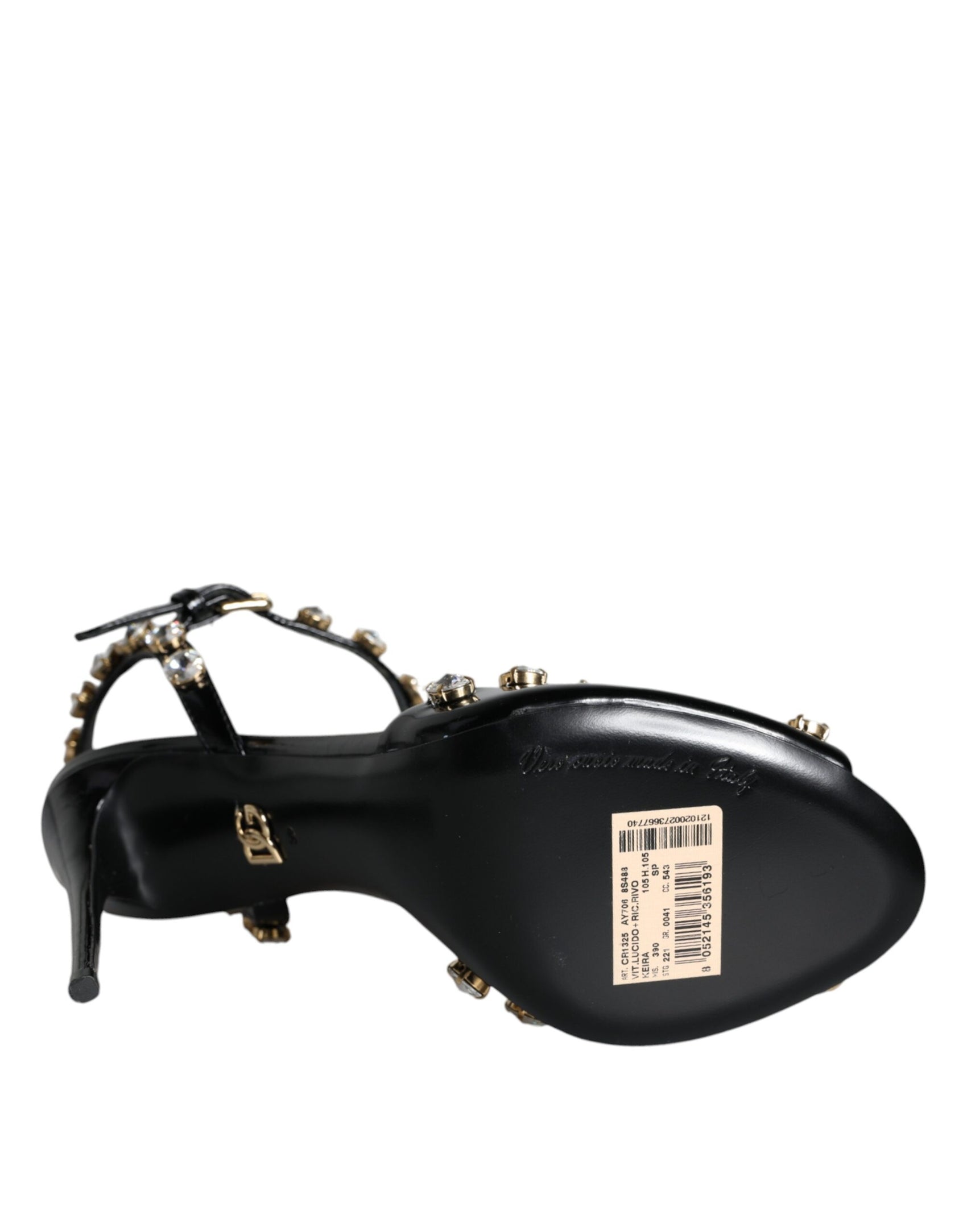 Schwarze Sandalen aus Leder mit Knöchelriemen und Kristallen