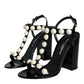 Black Leather Pearls T-strap Sandals Shoes