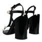 Black Leather Pearls T-strap Sandals Shoes