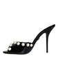 Black Leather Pearls Slides Sandals Shoes