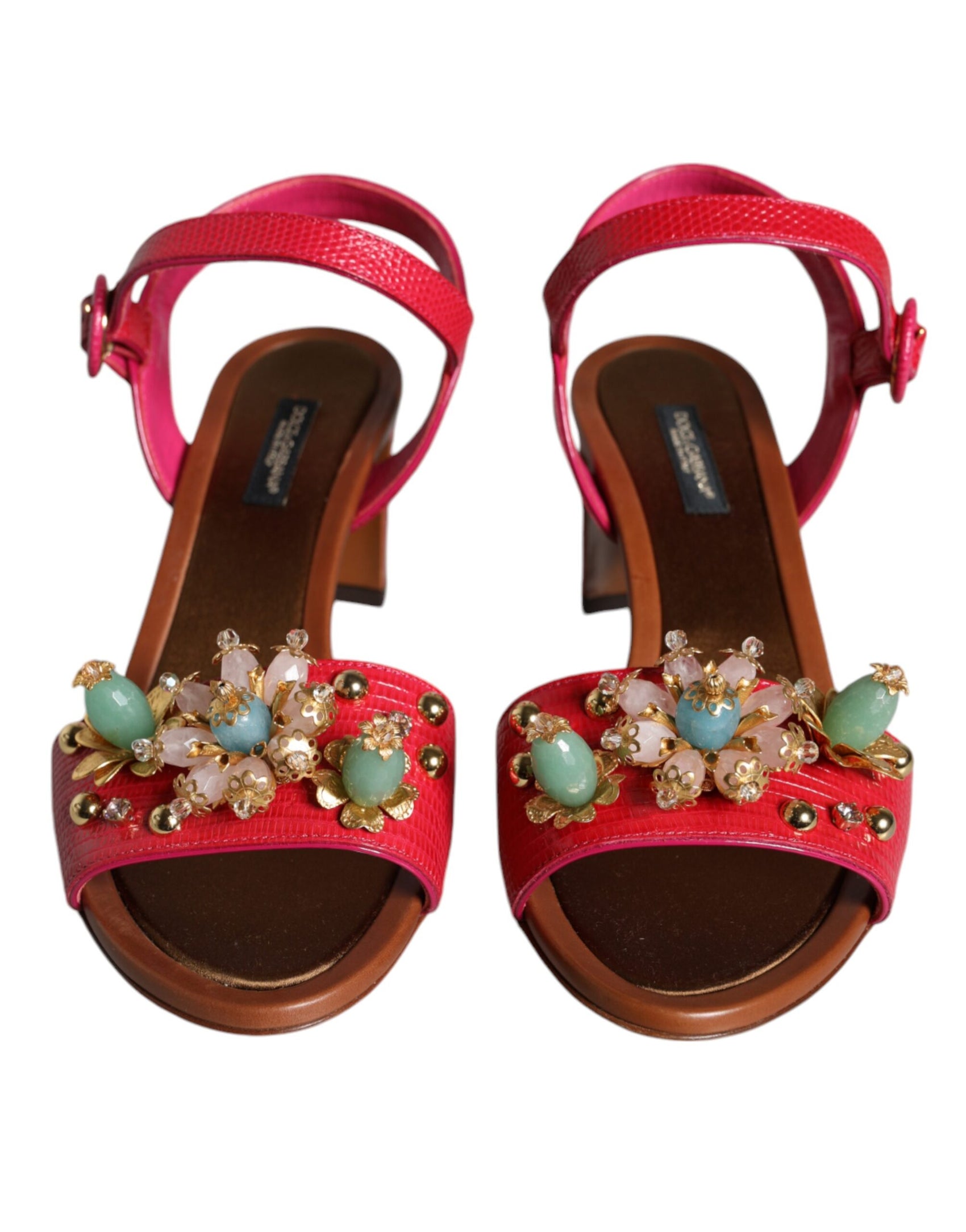 Fuchsiafarbene Keira-Sandalen aus verziertem Leder
